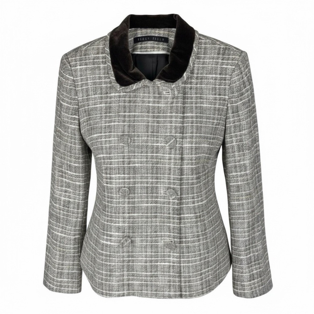 Vintage Perry Ellis Womens Tweed Velvet Collar Blazer Size 10 Brown Tan